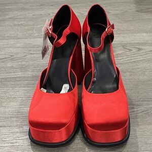 Red Womens H&M Satin Round Toe Ankle Strap Platform Block Heel Mary Jane Size 42